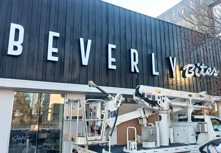 Beverly Bites channel letters in white spelling the brand name made of lexan and aluminum
