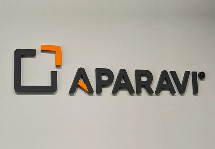 Aparavi acrylic sign made of plexiglass and reading the company name on a wall