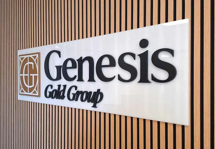 Genesis Gold Group interior sign displaying the brand name and logo made of acrylic