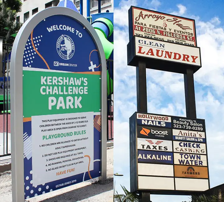 Outdoor pylon sign for Arroyo Hall compared with Kershaw's Challenge Park monument display