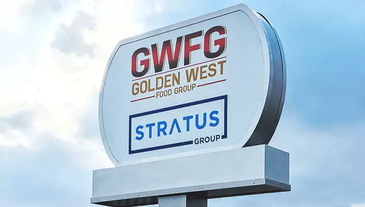 Pylon sign for Stratus Group featuring a brand logo on a white background