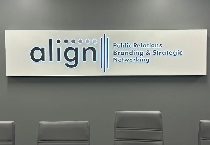 Align PR light up sign made of aluminum and vinyl, showcasing the brand name