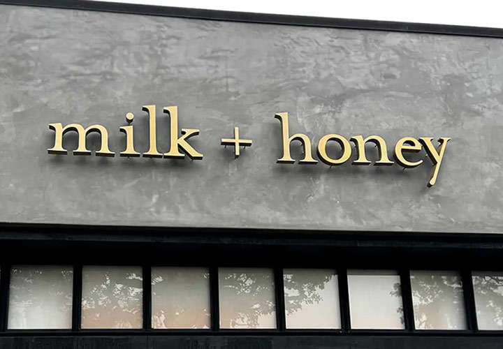 Milk+Honey Brentwood backlit letters displaying the company name for exterior branding