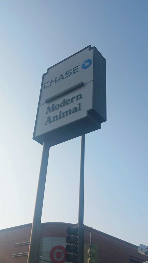 Modern Animal pylon sign installed above the building