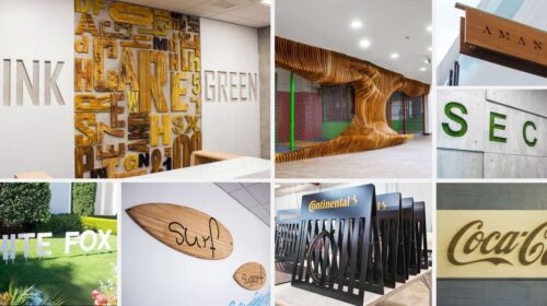 3D wooden letters and signs for different brands in various styles with indoor and outdoor placements