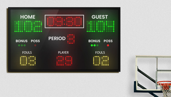 Indoor LED screen display for a basketball court showing the scores of the match