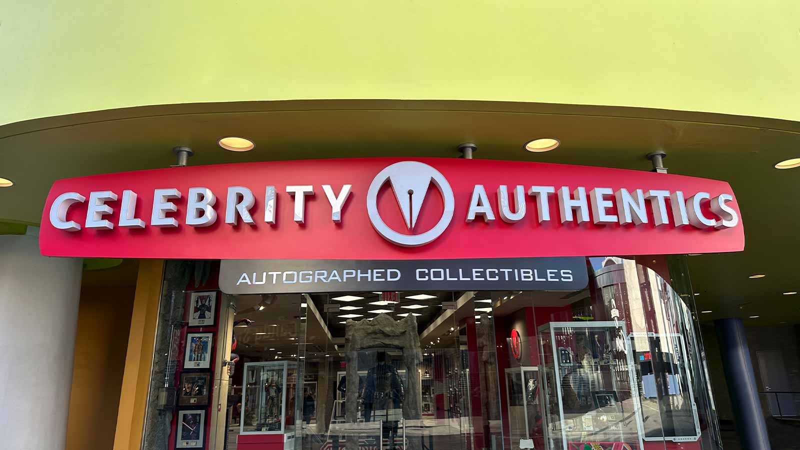 celebrity authentics store sign attached to the facade