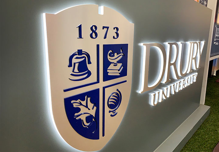 Drury University halo lit sign made of aluminum and acrylic for indoor branding