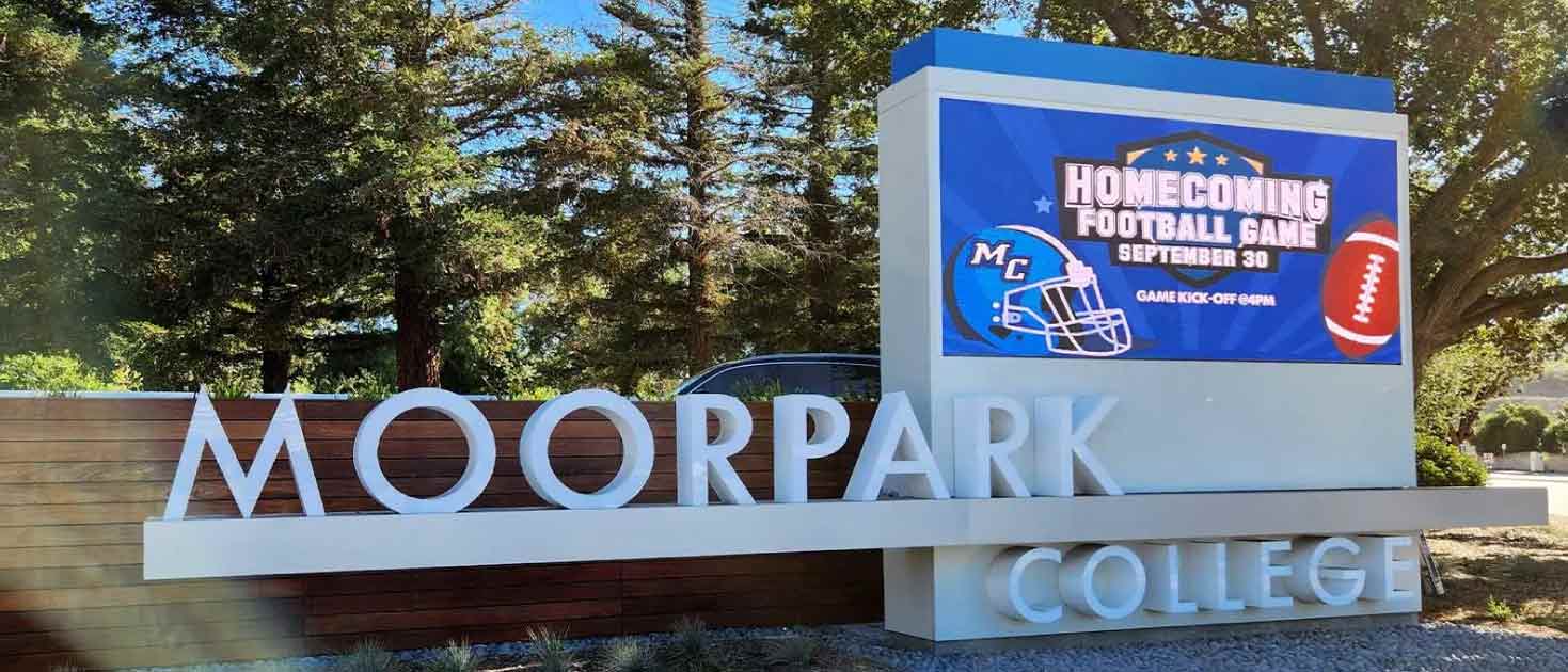 Moorpark College LED screen display with digital and printed materials installed outdoors