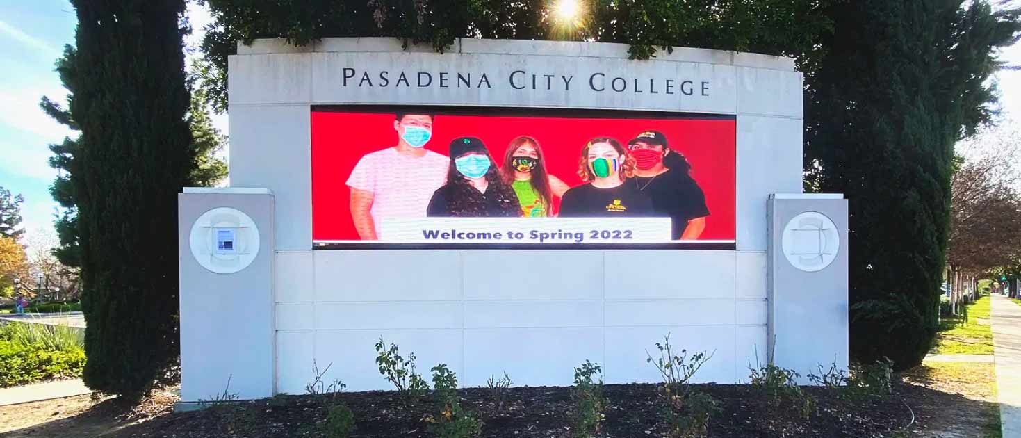 Pasadena City College monument LED display with a digital screen and aluminum cover