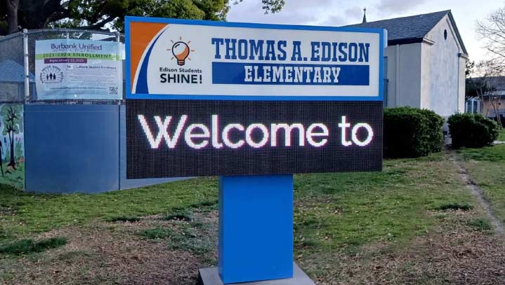 Thomas Edison Elementary School outdoor LED video wall with printed and digital displays
