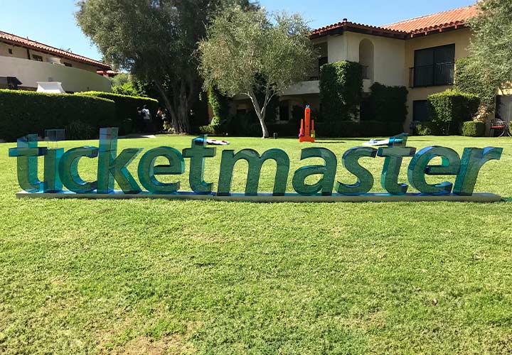Ticketmaster 3D letters set up in the lawn made of acrylic for branding