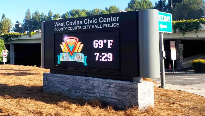 West Covina Civic Center monument LED display with a black screen and aluminum-acrylic frame