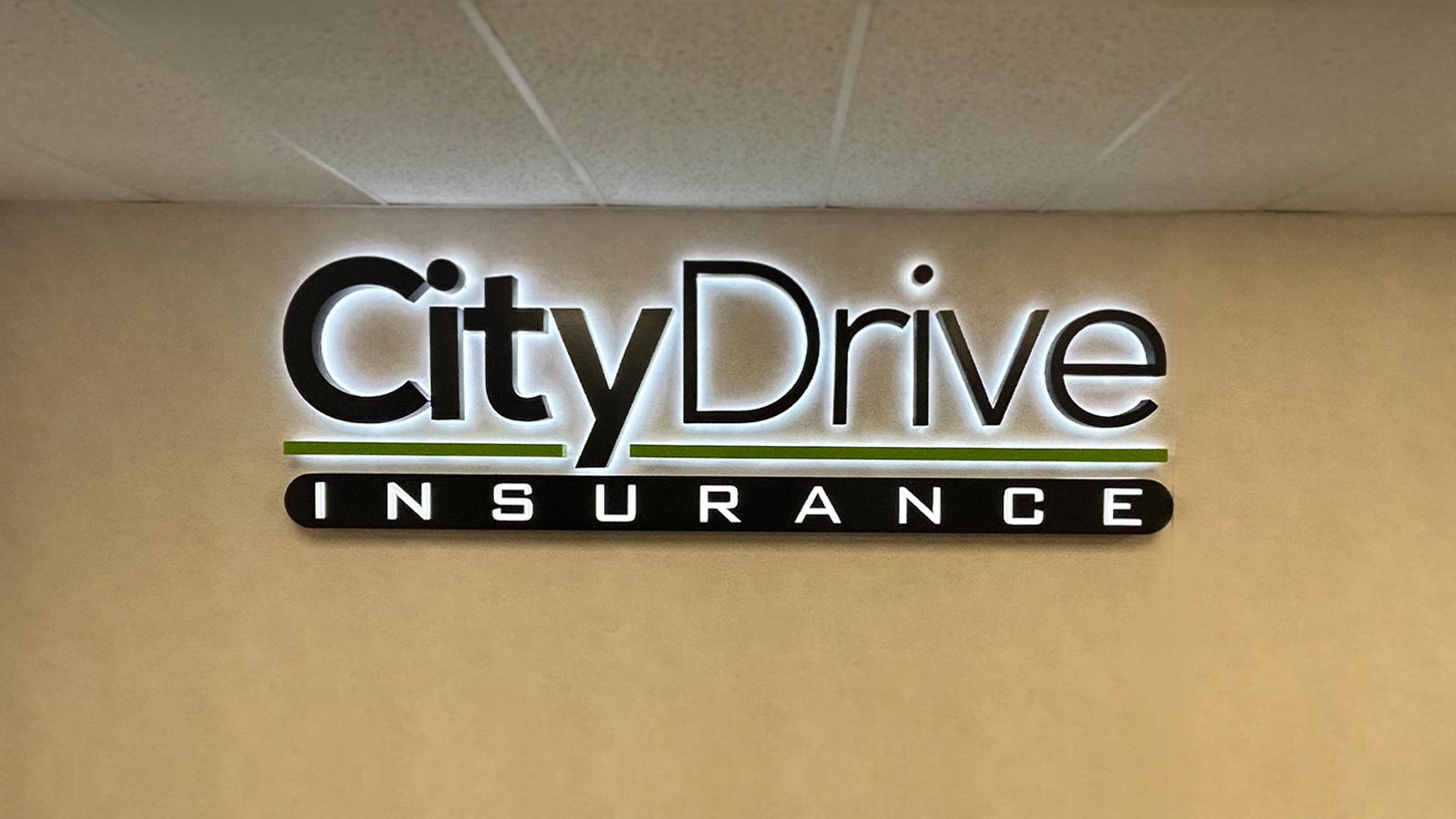 city drive insurance light up sign for interior branding