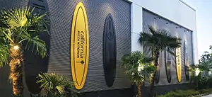 California Pizza Kitchen signs shaped as surfboards made by Front Signs, a US sign company"