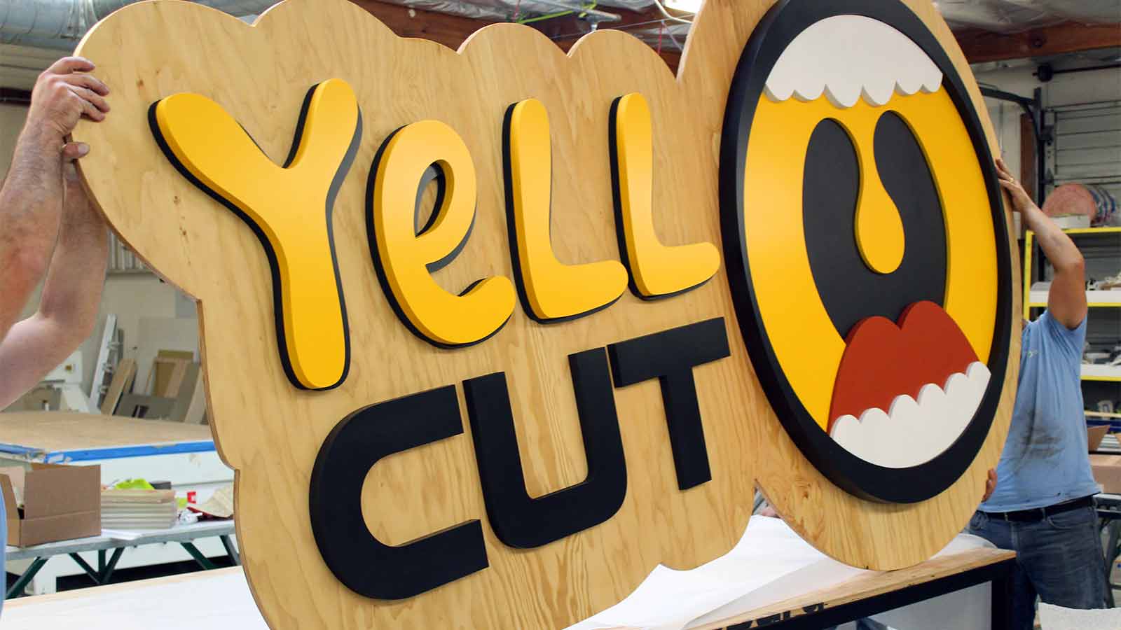 yell cut acrylic and wooden sign