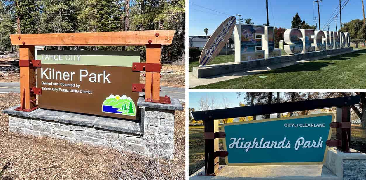 Public park and city signs featuring modern and rustic designs