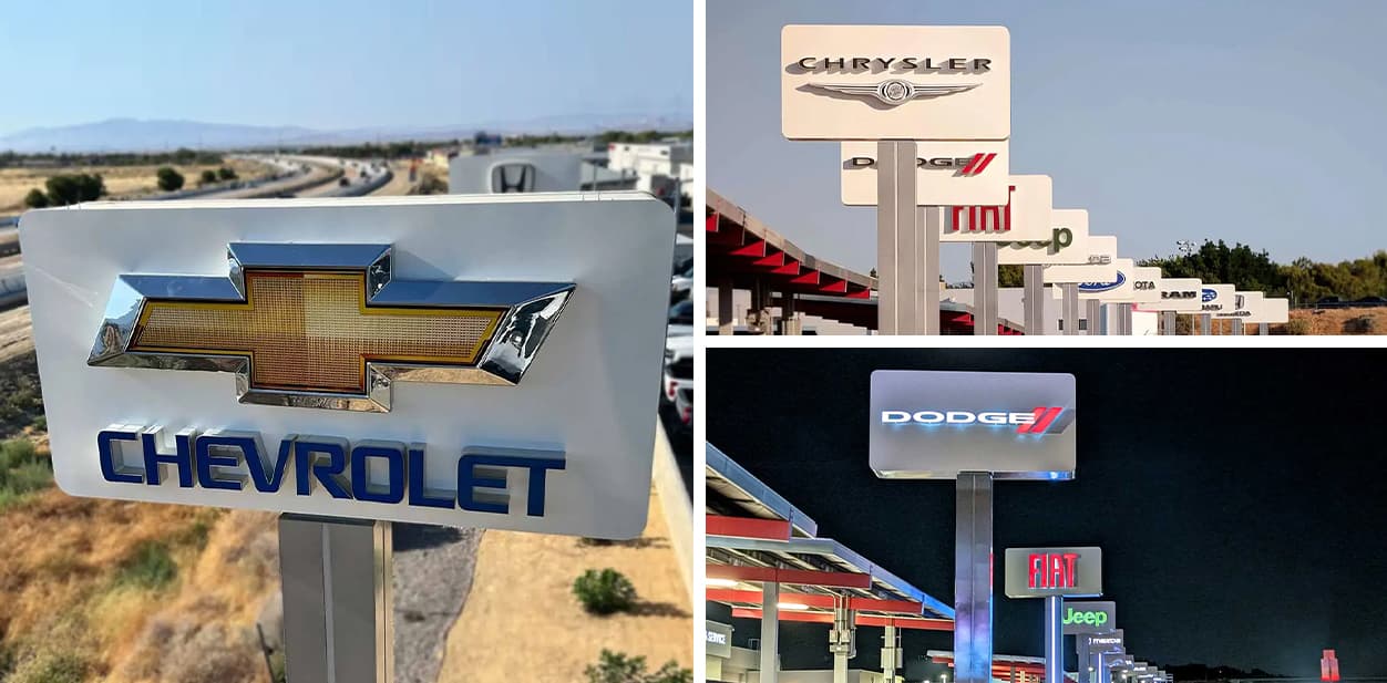 A collection of corporate outdoor sign designs featuring illuminated and daytime signage