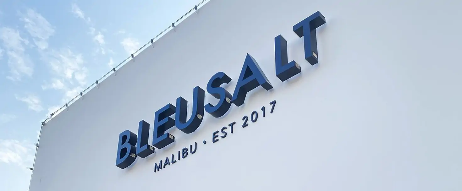 Building outdoor signage mounted on wall displaying brand name for Bluesalt in blue