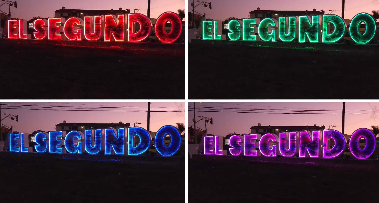 Illuminated public project for city of El Segundo with LED lights changing to different colors