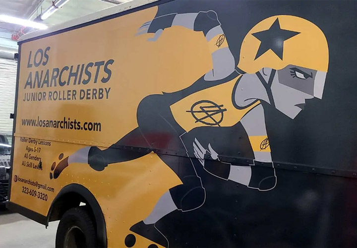 Vehicle branding for Los Anarchists reading the brand name and contact details with illustration